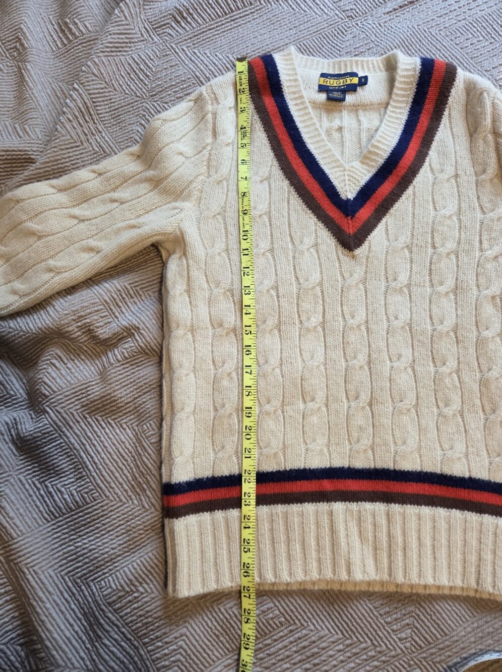 Vintage Ralph Lauren Cream Cable-Knit V-Neck Sweater with Navy & Red Trim - Picture 4 of 7
